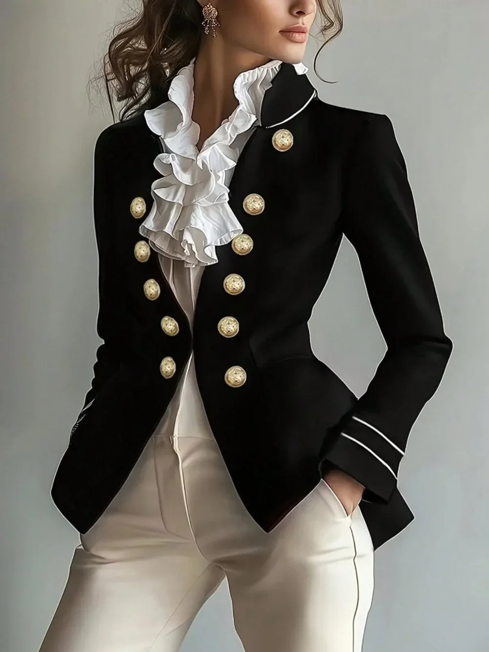 Black Elegant Women's Front-Buttoned Double-Breasted Slim-Fit Blazer - Picture 1 of 6